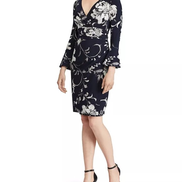 Lauren Ralph Lauren Jersey dress size 0 surplice bell sleeve faux wrap new - Picture 1 of 8